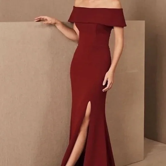 BHLDN Delice Dress - Burgundy Off the Shoulder Dress with Slit - Picture 5 of 6